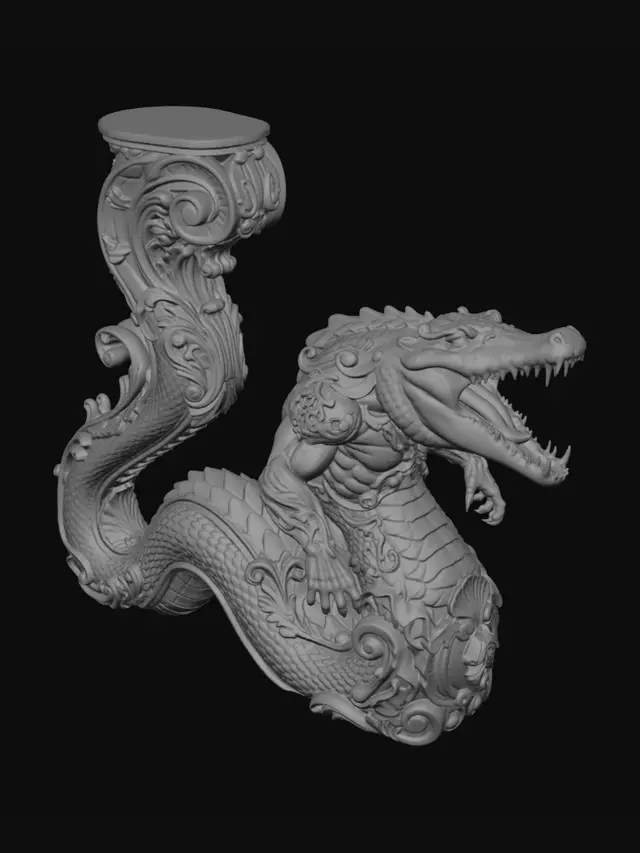 3D model for Hyper-realistic wooden carved Rococo–Art Nouveau terrifying undead crocodile-serpent titan statue with muscular reptilian torso and massive coiled snake body emerging from desert sands. The elongated serpentine tail twists upward into monumental S-waved Rococo scrollwork and flowing Art Nouveau ornamental ribbons forming a gigantic console-pillar. Scales transform into layered carved filigree and shell-like rocaille textures integrated into the architecture. Fangs, desert relics, skeletal remains, ancient reptilian insignias and cracked stone motifs abstract into decorative cartouches and curling volutes. The open jaws and claws merge into dramatic ornamental arcs and Gothic reptilian flourishesMaterial:hardwood Polychrome:weary deep rich colourful colours and pale skin