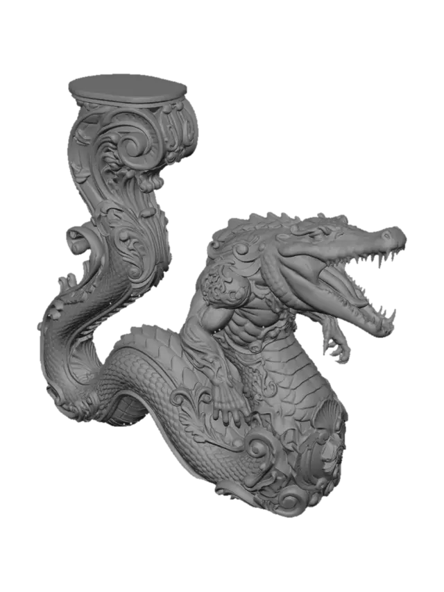 3D model for Hyper-realistic wooden carved Rococo–Art Nouveau terrifying undead crocodile-serpent titan statue with muscular reptilian torso and massive coiled snake body emerging from desert sands. The elongated serpentine tail twists upward into monumental S-waved Rococo scrollwork and flowing Art Nouveau ornamental ribbons forming a gigantic console-pillar. Scales transform into layered carved filigree and shell-like rocaille textures integrated into the architecture. Fangs, desert relics, skeletal remains, ancient reptilian insignias and cracked stone motifs abstract into decorative cartouches and curling volutes. The open jaws and claws merge into dramatic ornamental arcs and Gothic reptilian flourishesMaterial:hardwood Polychrome:weary deep rich colourful colours and pale skin
