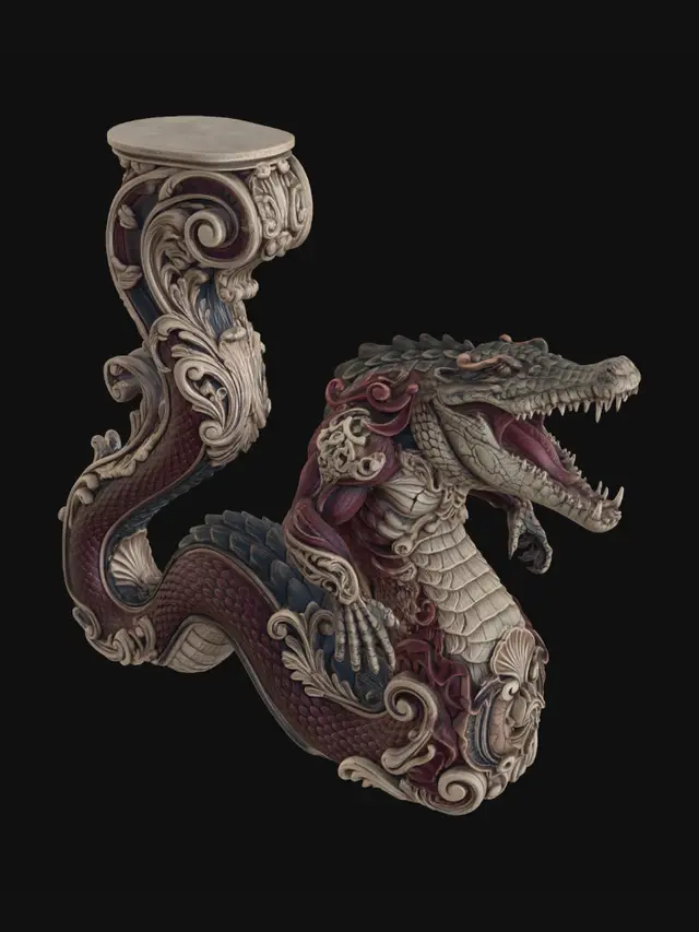 3D model for Hyper-realistic wooden carved Rococo–Art Nouveau terrifying undead crocodile-serpent titan statue with muscular reptilian torso and massive coiled snake body emerging from desert sands. The elongated serpentine tail twists upward into monumental S-waved Rococo scrollwork and flowing Art Nouveau ornamental ribbons forming a gigantic console-pillar. Scales transform into layered carved filigree and shell-like rocaille textures integrated into the architecture. Fangs, desert relics, skeletal remains, ancient reptilian insignias and cracked stone motifs abstract into decorative cartouches and curling volutes. The open jaws and claws merge into dramatic ornamental arcs and Gothic reptilian flourishesMaterial:hardwood Polychrome:weary deep rich colourful colours and pale skin