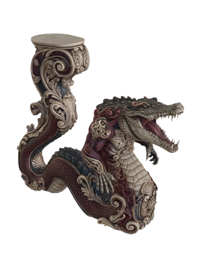 3D model for Hyper-realistic wooden carved Rococo–Art Nouveau terrifying undead crocodile-serpent titan statue with muscular reptilian torso and massive coiled snake body emerging from desert sands. The elongated serpentine tail twists upward into monumental S-waved Rococo scrollwork and flowing Art Nouveau ornamental ribbons forming a gigantic console-pillar. Scales transform into layered carved filigree and shell-like rocaille textures integrated into the architecture. Fangs, desert relics, skeletal remains, ancient reptilian insignias and cracked stone motifs abstract into decorative cartouches and curling volutes. The open jaws and claws merge into dramatic ornamental arcs and Gothic reptilian flourishesMaterial:hardwood Polychrome:weary deep rich colourful colours and pale skin