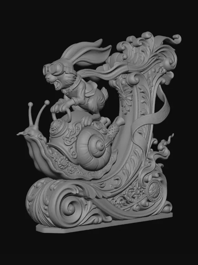 3D model for Hyper-realistic wooden carved Rococo–Art Nouveau caricatural statue of a frantic long-eared rabbit racer wearing oversized goggles while riding a gigantic turbocharged snail at impossible speed. The spiraling snail shell expands into monumental S-curved Rococo scrollwork and flowing aerodynamic Art Nouveau ribbons forming a dynamic console-pillar. The rabbit’s scarf and elongated ears whip dramatically outward into layered rocaille volutes and ornamental curves integrated into the pillar structure. Mechanical racing motifs, smoke trails and speed emblems abstract into decorative cartouches and flowing filigree. The snail trail transforms into swirling ornamental wave-scrolls wrapping around the sculptural base.Material: hardwood. Polychrome: deep rich colourful tones