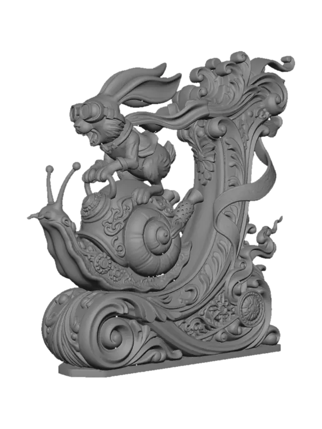 3D model for Hyper-realistic wooden carved Rococo–Art Nouveau caricatural statue of a frantic long-eared rabbit racer wearing oversized goggles while riding a gigantic turbocharged snail at impossible speed. The spiraling snail shell expands into monumental S-curved Rococo scrollwork and flowing aerodynamic Art Nouveau ribbons forming a dynamic console-pillar. The rabbit’s scarf and elongated ears whip dramatically outward into layered rocaille volutes and ornamental curves integrated into the pillar structure. Mechanical racing motifs, smoke trails and speed emblems abstract into decorative cartouches and flowing filigree. The snail trail transforms into swirling ornamental wave-scrolls wrapping around the sculptural base.Material: hardwood. Polychrome: deep rich colourful tones