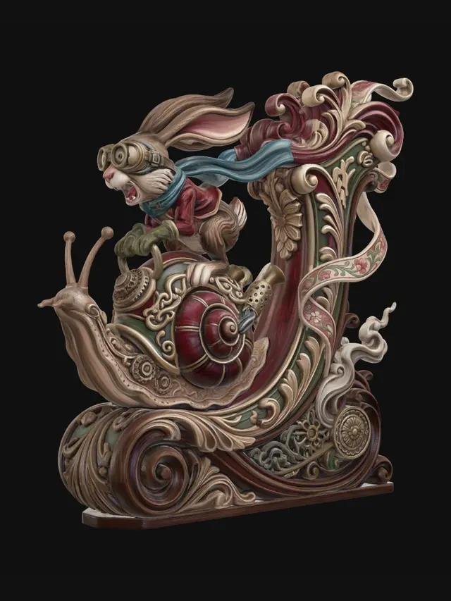 3D model for Hyper-realistic wooden carved Rococo–Art Nouveau caricatural statue of a frantic long-eared rabbit racer wearing oversized goggles while riding a gigantic turbocharged snail at impossible speed. The spiraling snail shell expands into monumental S-curved Rococo scrollwork and flowing aerodynamic Art Nouveau ribbons forming a dynamic console-pillar. The rabbit’s scarf and elongated ears whip dramatically outward into layered rocaille volutes and ornamental curves integrated into the pillar structure. Mechanical racing motifs, smoke trails and speed emblems abstract into decorative cartouches and flowing filigree. The snail trail transforms into swirling ornamental wave-scrolls wrapping around the sculptural base.Material: hardwood. Polychrome: deep rich colourful tones