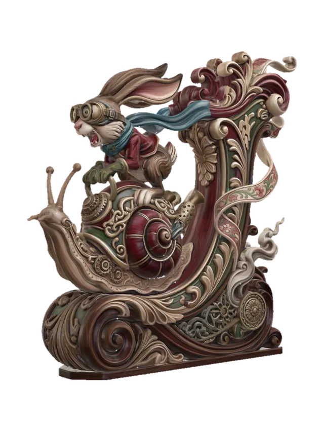 3D model for Hyper-realistic wooden carved Rococo–Art Nouveau caricatural statue of a frantic long-eared rabbit racer wearing oversized goggles while riding a gigantic turbocharged snail at impossible speed. The spiraling snail shell expands into monumental S-curved Rococo scrollwork and flowing aerodynamic Art Nouveau ribbons forming a dynamic console-pillar. The rabbit’s scarf and elongated ears whip dramatically outward into layered rocaille volutes and ornamental curves integrated into the pillar structure. Mechanical racing motifs, smoke trails and speed emblems abstract into decorative cartouches and flowing filigree. The snail trail transforms into swirling ornamental wave-scrolls wrapping around the sculptural base.Material: hardwood. Polychrome: deep rich colourful tones