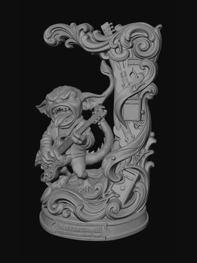 3D model for Hyper-realistic wooden carved Rococo–Art Nouveau caricatural chibi statue of a green striped rockstar gremlin creature screaming theatrically while playing an oversized electric guitar .
The tail and guitar cables explode into monumental S-curved Rococo scrollwork and flowing Art Nouveau ornamental ribbons forming a towering console-pillar.
Amplifier motifs and musical emblems dissolve into layered rocaille volutes and decorative cartouches embedded throughout the structure.
Tiny skeletal gremlin-creature motifs and gothic bone fragments abstract elegantly into the flowing architecture.
The tongue and dramatic pose create chaotic whiplash curves with explosive ornamental movement.Material:hardwood.Polychrome: deep rich coulourful tones,moss green,smoky black,crimson highlight,electric blue