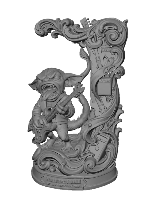3D model for Hyper-realistic wooden carved Rococo–Art Nouveau caricatural chibi statue of a green striped rockstar gremlin creature screaming theatrically while playing an oversized electric guitar . The tail and guitar cables explode into monumental S-curved Rococo scrollwork and flowing Art Nouveau ornamental ribbons forming a towering console-pillar. Amplifier motifs and musical emblems dissolve into layered rocaille volutes and decorative cartouches embedded throughout the structure. Tiny skeletal gremlin-creature motifs and gothic bone fragments abstract elegantly into the flowing architecture. The tongue and dramatic pose create chaotic whiplash curves with explosive ornamental movement.Material:hardwood.Polychrome: deep rich coulourful tones,moss green,smoky black,crimson highlight,electric blue