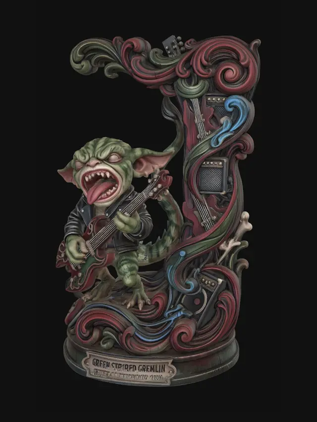 3D model for Hyper-realistic wooden carved Rococo–Art Nouveau caricatural chibi statue of a green striped rockstar gremlin creature screaming theatrically while playing an oversized electric guitar .
The tail and guitar cables explode into monumental S-curved Rococo scrollwork and flowing Art Nouveau ornamental ribbons forming a towering console-pillar.
Amplifier motifs and musical emblems dissolve into layered rocaille volutes and decorative cartouches embedded throughout the structure.
Tiny skeletal gremlin-creature motifs and gothic bone fragments abstract elegantly into the flowing architecture.
The tongue and dramatic pose create chaotic whiplash curves with explosive ornamental movement.Material:hardwood.Polychrome: deep rich coulourful tones,moss green,smoky black,crimson highlight,electric blue
