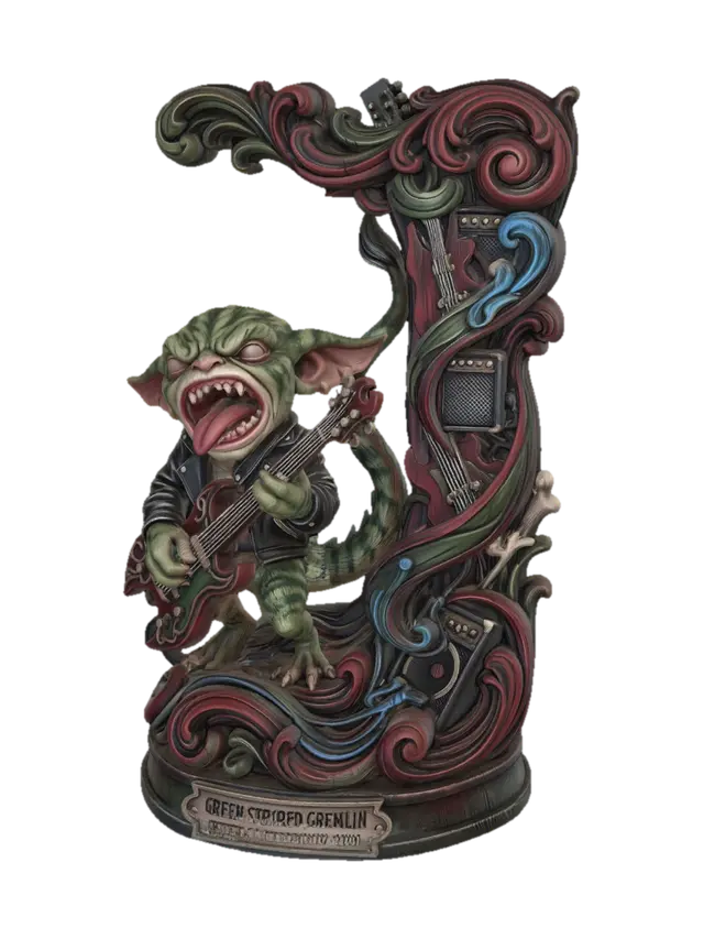 3D model for Hyper-realistic wooden carved Rococo–Art Nouveau caricatural chibi statue of a green striped rockstar gremlin creature screaming theatrically while playing an oversized electric guitar . The tail and guitar cables explode into monumental S-curved Rococo scrollwork and flowing Art Nouveau ornamental ribbons forming a towering console-pillar. Amplifier motifs and musical emblems dissolve into layered rocaille volutes and decorative cartouches embedded throughout the structure. Tiny skeletal gremlin-creature motifs and gothic bone fragments abstract elegantly into the flowing architecture. The tongue and dramatic pose create chaotic whiplash curves with explosive ornamental movement.Material:hardwood.Polychrome: deep rich coulourful tones,moss green,smoky black,crimson highlight,electric blue