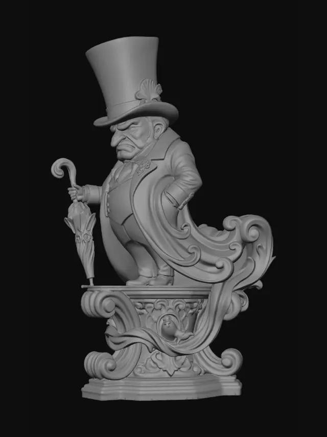 3D model for Hyper-realistic wooden carved Rococo–Art Nouveau caricatural chibi statue of a stern aristocratic gentleman wearing a towering top hat while gripping an ornate umbrella. The black coat unfurls into monumental S-curved Rococo scrollwork and flowing Art Nouveau drapery ribbons forming an imposing console-pillar. The umbrella shaft twists into curling shell volutes and layered decorative filigree integrated throughout the structure. Tiny skeletal raven motifs and bone-like gothic ornaments abstract into decorative cartouches hidden within the architecture. The exaggerated hooked nose and heavy silhouette create dramatic asymmetrical curves with theatrical gothic movement.Material:hardwood.Polychrome: deep rich coulourful tones, blacks,ivory waistcoat tones,charchoal and sepia highlights