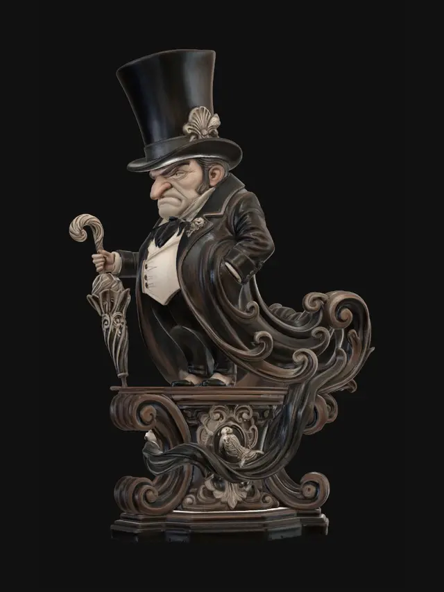 3D model for Hyper-realistic wooden carved Rococo–Art Nouveau caricatural chibi statue of a stern aristocratic gentleman wearing a towering top hat while gripping an ornate umbrella. The black coat unfurls into monumental S-curved Rococo scrollwork and flowing Art Nouveau drapery ribbons forming an imposing console-pillar. The umbrella shaft twists into curling shell volutes and layered decorative filigree integrated throughout the structure. Tiny skeletal raven motifs and bone-like gothic ornaments abstract into decorative cartouches hidden within the architecture. The exaggerated hooked nose and heavy silhouette create dramatic asymmetrical curves with theatrical gothic movement.Material:hardwood.Polychrome: deep rich coulourful tones, blacks,ivory waistcoat tones,charchoal and sepia highlights