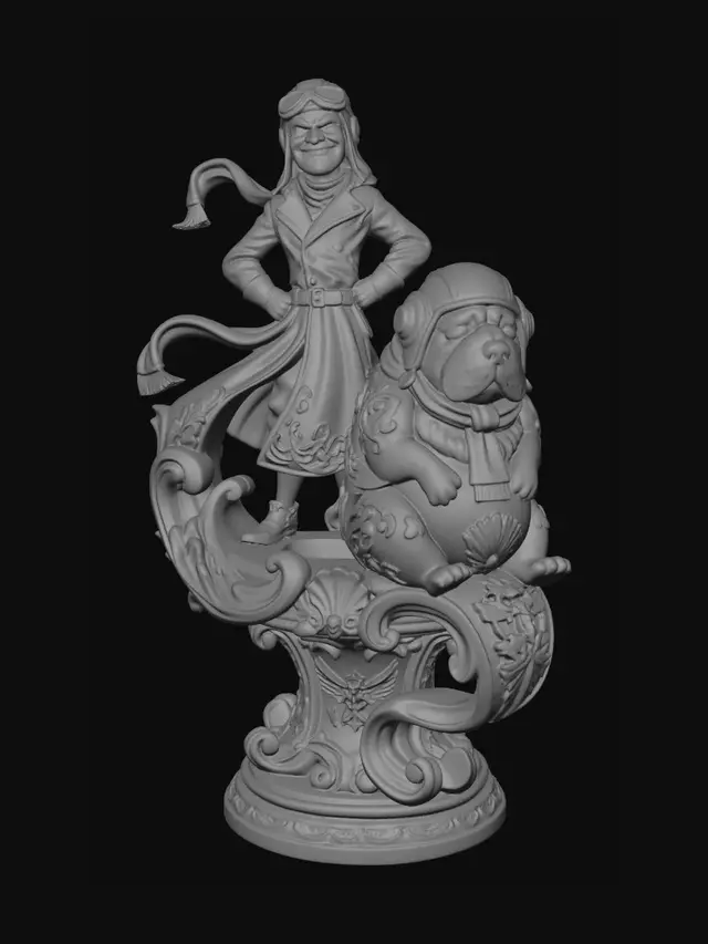3D model for Hyper-realistic wooden carved Rococo–Art Nouveau caricatural chibi dual-statue composition of an arrogant villainous aviator standing beside a sleepy oversized dog companion, both wearing vintage flight gear. The long coat, scarf and aviator goggles unfurl into monumental S-waved Rococo scrollwork and flowing Art Nouveau ribbon ornament forming a dramatic console-pillar. Dog fur textures and leather garments dissolve into layered botanical filigree, shell volutes and decorative cartouches. Tiny skeletal canine motifs and mechanical aviation bone-like emblems abstract subtly into the structure. The exaggerated contrast between tall angular villain and rounded sleepy companion creates dynamic rhythm and theatrical storytelling.Material:hardwood.Polychrome: deep rich coulourful tones