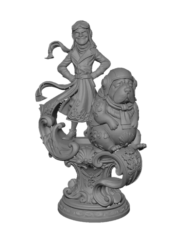 3D model for Hyper-realistic wooden carved Rococo–Art Nouveau caricatural chibi dual-statue composition of an arrogant villainous aviator standing beside a sleepy oversized dog companion, both wearing vintage flight gear. The long coat, scarf and aviator goggles unfurl into monumental S-waved Rococo scrollwork and flowing Art Nouveau ribbon ornament forming a dramatic console-pillar. Dog fur textures and leather garments dissolve into layered botanical filigree, shell volutes and decorative cartouches. Tiny skeletal canine motifs and mechanical aviation bone-like emblems abstract subtly into the structure. The exaggerated contrast between tall angular villain and rounded sleepy companion creates dynamic rhythm and theatrical storytelling.Material:hardwood.Polychrome: deep rich coulourful tones