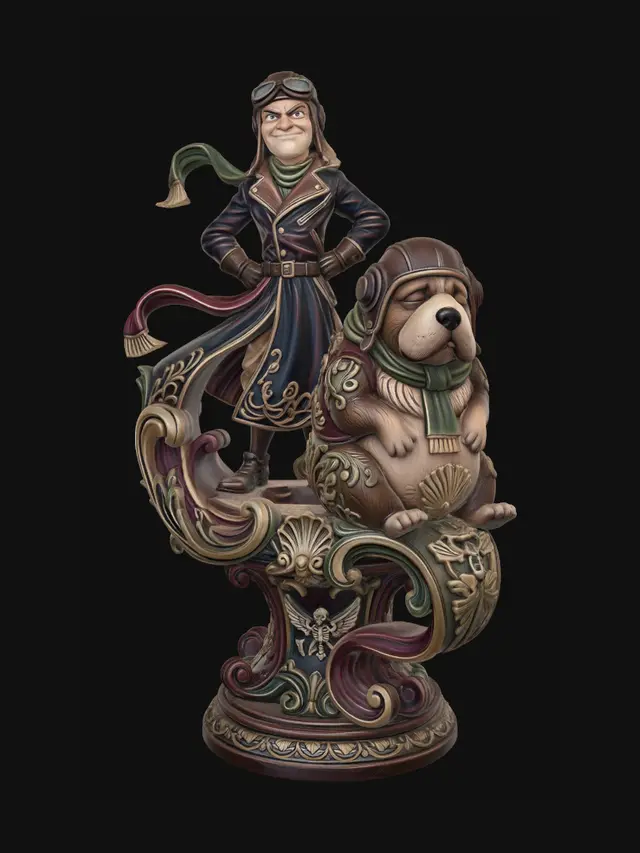 3D model for Hyper-realistic wooden carved Rococo–Art Nouveau caricatural chibi dual-statue composition of an arrogant villainous aviator standing beside a sleepy oversized dog companion, both wearing vintage flight gear. The long coat, scarf and aviator goggles unfurl into monumental S-waved Rococo scrollwork and flowing Art Nouveau ribbon ornament forming a dramatic console-pillar. Dog fur textures and leather garments dissolve into layered botanical filigree, shell volutes and decorative cartouches. Tiny skeletal canine motifs and mechanical aviation bone-like emblems abstract subtly into the structure. The exaggerated contrast between tall angular villain and rounded sleepy companion creates dynamic rhythm and theatrical storytelling.Material:hardwood.Polychrome: deep rich coulourful tones