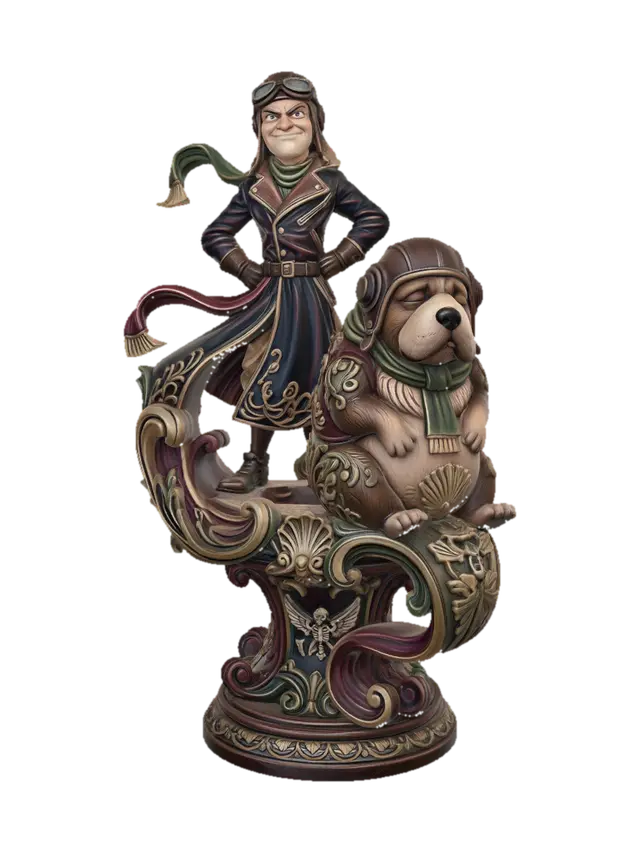 3D model for Hyper-realistic wooden carved Rococo–Art Nouveau caricatural chibi dual-statue composition of an arrogant villainous aviator standing beside a sleepy oversized dog companion, both wearing vintage flight gear. The long coat, scarf and aviator goggles unfurl into monumental S-waved Rococo scrollwork and flowing Art Nouveau ribbon ornament forming a dramatic console-pillar. Dog fur textures and leather garments dissolve into layered botanical filigree, shell volutes and decorative cartouches. Tiny skeletal canine motifs and mechanical aviation bone-like emblems abstract subtly into the structure. The exaggerated contrast between tall angular villain and rounded sleepy companion creates dynamic rhythm and theatrical storytelling.Material:hardwood.Polychrome: deep rich coulourful tones