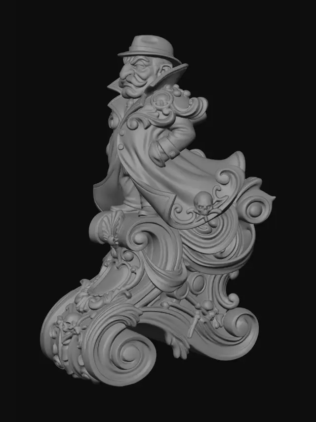 3D model for Hyper-realistic wooden carved Rococo–Art Nouveau caricatural chibi statue of a stern eccentric inspector standing rigidly with oversized trench coat, exaggerated nose and dramatic frown. The trench coat expands into monumental S-waved Rococo scrollwork and flowing Art Nouveau ribbon structures forming a massive console-pillar. The collar, hat brim and moustache dissolve into layered rocaille volutes, shell ornament and curling acanthus filigree. Tiny skeletal detective motifs, magnifying-glass emblems and bone-like decorative fragments abstract into ornate cartouches embedded throughout the structure. The squat silhouette creates exaggerated flowing curves with theatrical ornamental rhythm.Material:hardwood.Polychrome: deep rich coulourful tones, ochre, tan brown, charchoal shadows