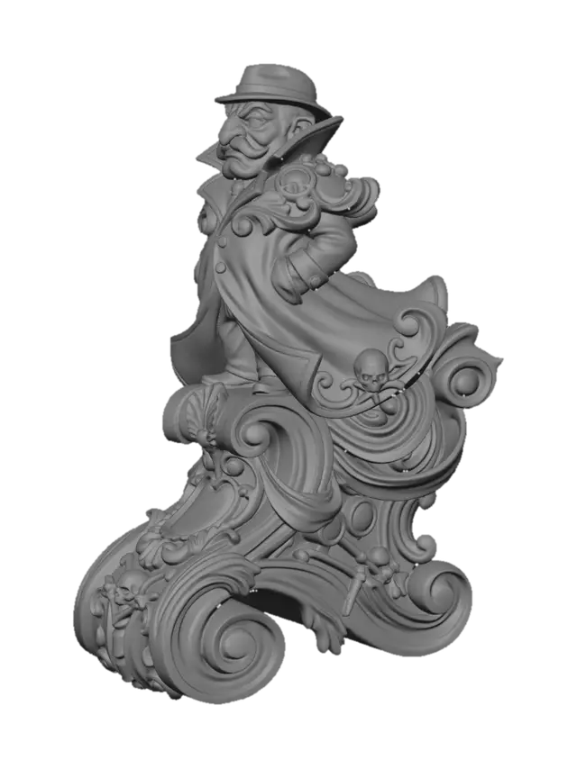3D model for Hyper-realistic wooden carved Rococo–Art Nouveau caricatural chibi statue of a stern eccentric inspector standing rigidly with oversized trench coat, exaggerated nose and dramatic frown. The trench coat expands into monumental S-waved Rococo scrollwork and flowing Art Nouveau ribbon structures forming a massive console-pillar. The collar, hat brim and moustache dissolve into layered rocaille volutes, shell ornament and curling acanthus filigree. Tiny skeletal detective motifs, magnifying-glass emblems and bone-like decorative fragments abstract into ornate cartouches embedded throughout the structure. The squat silhouette creates exaggerated flowing curves with theatrical ornamental rhythm.Material:hardwood.Polychrome: deep rich coulourful tones, ochre, tan brown, charchoal shadows