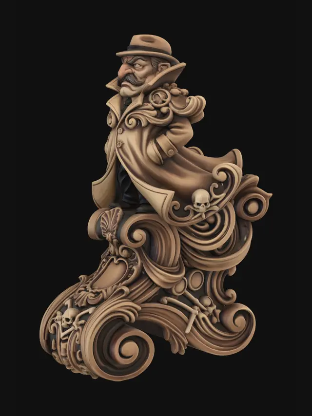 3D model for Hyper-realistic wooden carved Rococo–Art Nouveau caricatural chibi statue of a stern eccentric inspector standing rigidly with oversized trench coat, exaggerated nose and dramatic frown. The trench coat expands into monumental S-waved Rococo scrollwork and flowing Art Nouveau ribbon structures forming a massive console-pillar. The collar, hat brim and moustache dissolve into layered rocaille volutes, shell ornament and curling acanthus filigree. Tiny skeletal detective motifs, magnifying-glass emblems and bone-like decorative fragments abstract into ornate cartouches embedded throughout the structure. The squat silhouette creates exaggerated flowing curves with theatrical ornamental rhythm.Material:hardwood.Polychrome: deep rich coulourful tones, ochre, tan brown, charchoal shadows