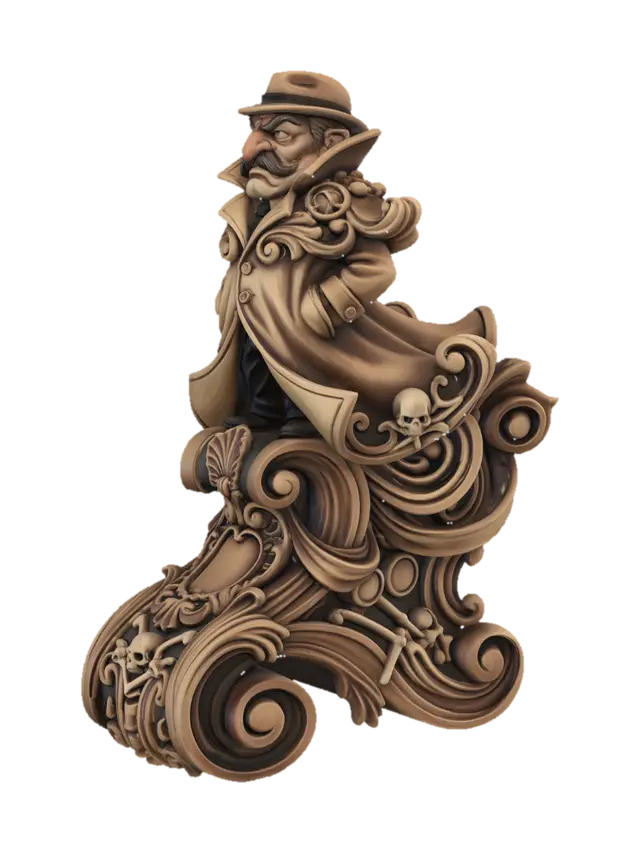 3D model for Hyper-realistic wooden carved Rococo–Art Nouveau caricatural chibi statue of a stern eccentric inspector standing rigidly with oversized trench coat, exaggerated nose and dramatic frown. The trench coat expands into monumental S-waved Rococo scrollwork and flowing Art Nouveau ribbon structures forming a massive console-pillar. The collar, hat brim and moustache dissolve into layered rocaille volutes, shell ornament and curling acanthus filigree. Tiny skeletal detective motifs, magnifying-glass emblems and bone-like decorative fragments abstract into ornate cartouches embedded throughout the structure. The squat silhouette creates exaggerated flowing curves with theatrical ornamental rhythm.Material:hardwood.Polychrome: deep rich coulourful tones, ochre, tan brown, charchoal shadows