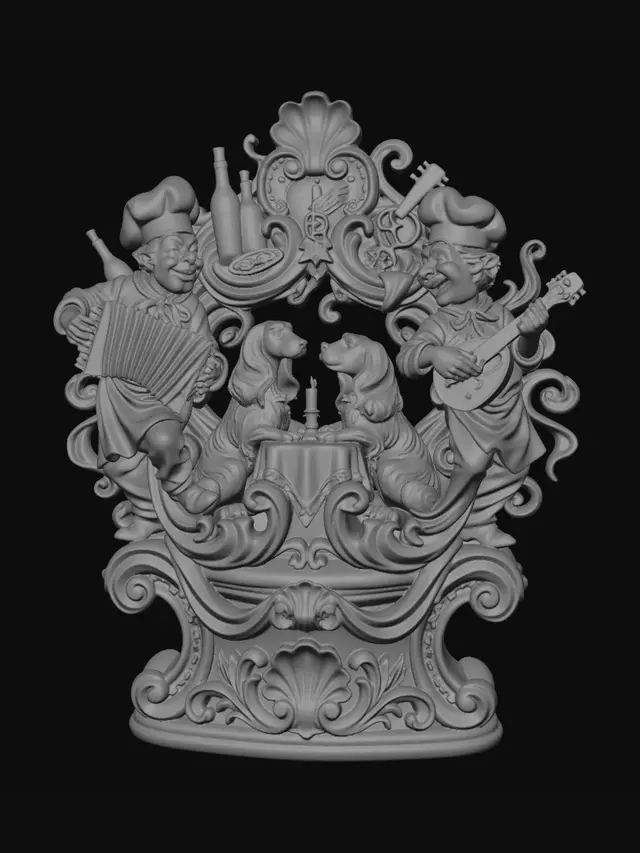 3D model for Hyper-realistic wooden carved Rococo–Art Nouveau caricatural chibi ensemble statue featuring two flamboyant tavern musicians surrounding an elegant romantic dog couple seated at a candlelit table. The swirling chef garments, accordion folds and mandolin strings dissolve into monumental S-waved Rococo scrollwork and flowing Art Nouveau drapery ribbons forming an integrated theatrical console-pillar. Wine bottles, pasta motif, skeletal decorative fragments, musical emblems and curling floral ornaments abstract into elaborate decorative cartouches and shell-like volutes throughout the composition. The dogs long ears and expressive anatomy merge into fluid rocaille filigree and layered ornamental architecture with rhythmic movement.Material:hardwood.Polychrome: deep rich muted coulourful tones