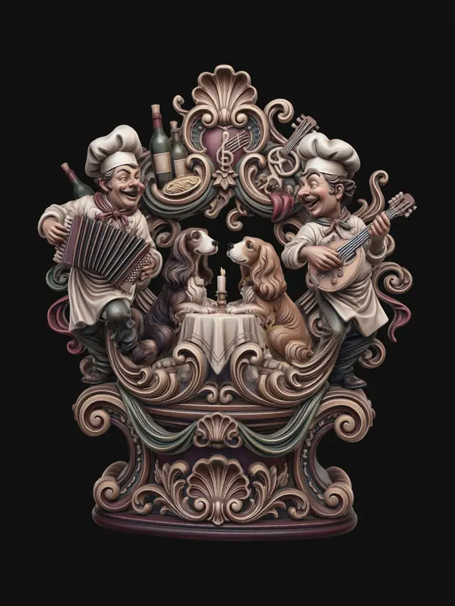 3D model for Hyper-realistic wooden carved Rococo–Art Nouveau caricatural chibi ensemble statue featuring two flamboyant tavern musicians surrounding an elegant romantic dog couple seated at a candlelit table. The swirling chef garments, accordion folds and mandolin strings dissolve into monumental S-waved Rococo scrollwork and flowing Art Nouveau drapery ribbons forming an integrated theatrical console-pillar. Wine bottles, pasta motif, skeletal decorative fragments, musical emblems and curling floral ornaments abstract into elaborate decorative cartouches and shell-like volutes throughout the composition. The dogs long ears and expressive anatomy merge into fluid rocaille filigree and layered ornamental architecture with rhythmic movement.Material:hardwood.Polychrome: deep rich muted coulourful tones