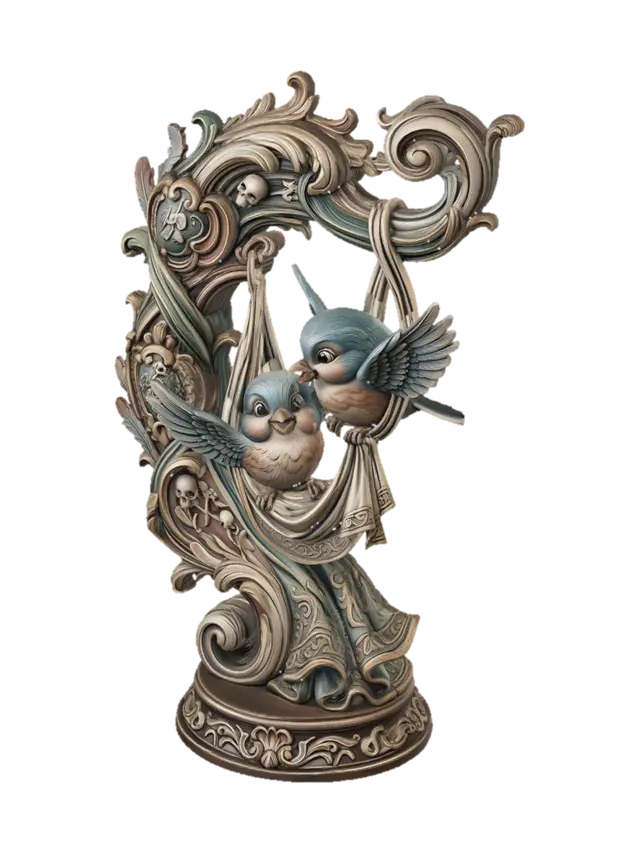 Hyper-realistic wooden carved Rococo–Art Nouveau caricatural chibi statue… - Disney 3D model, vytvořený pomocí AI