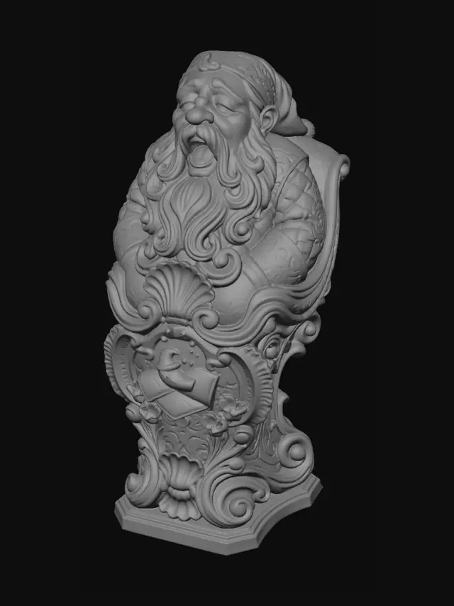 3D model for Hyper-realistic wooden carved Rococo–Art Nouveau caricatural chibi dwarf statue caught mid-yawn with exaggerated open mouth and sleepy drooping posture. The soft quilted garments and beard textures flow dramatically into monumental S-curved Rococo scrollwork and curling Art Nouveau drapery forms forming a whimsical console-pillar. Dream motifs, pillows, skeletal moon emblems and decorative floral ornaments abstract into elaborate cartouches and rocaille volutes throughout the sculpture. The beard expands into layered shell-like ornament and flowing carved filigree architecture.Material:hardwood.Polychrome: deep rich muted coulourful tones