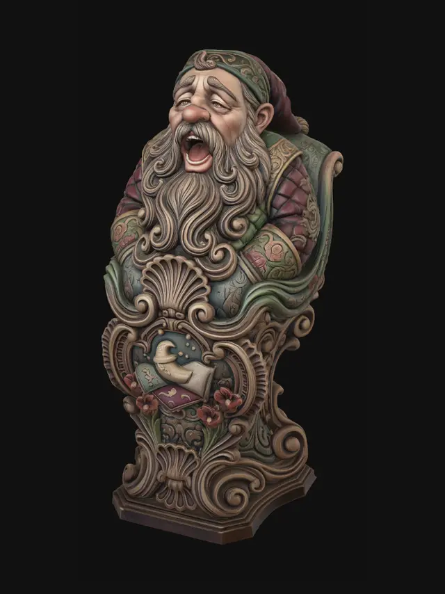 3D model for Hyper-realistic wooden carved Rococo–Art Nouveau caricatural chibi dwarf statue caught mid-yawn with exaggerated open mouth and sleepy drooping posture. The soft quilted garments and beard textures flow dramatically into monumental S-curved Rococo scrollwork and curling Art Nouveau drapery forms forming a whimsical console-pillar. Dream motifs, pillows, skeletal moon emblems and decorative floral ornaments abstract into elaborate cartouches and rocaille volutes throughout the sculpture. The beard expands into layered shell-like ornament and flowing carved filigree architecture.Material:hardwood.Polychrome: deep rich muted coulourful tones
