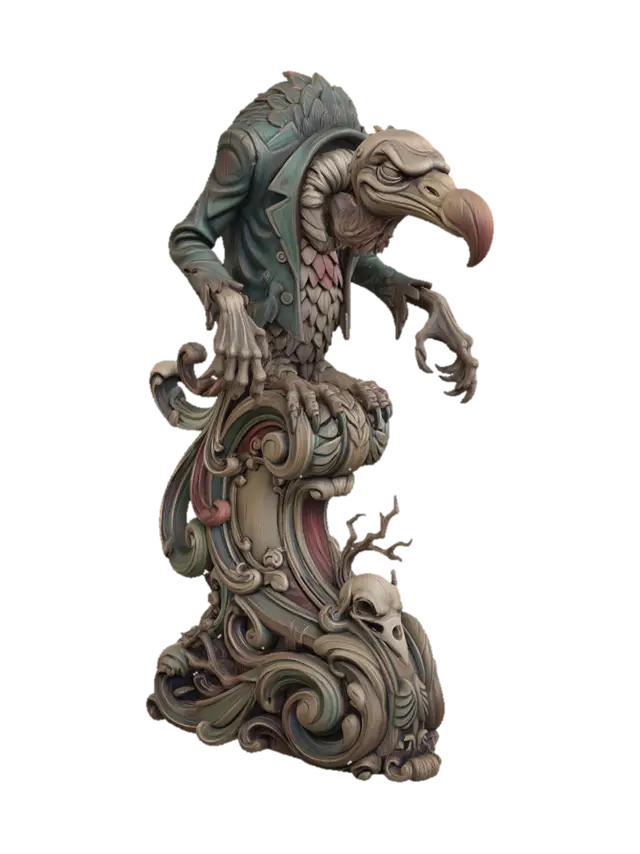 Modelo 3D de Hyper-realistic wooden carved Rococo–Art Nouveau caricatural chibi vulture… - Consolepillar, gerado por IA