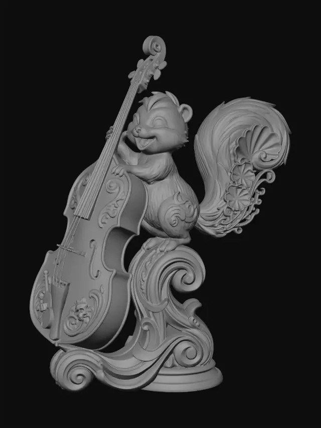 3D model for Hyper-realistic wooden carved Rococo–Art Nouveau caricatural chibi skunk musician statue joyfully embracing a giant upright bass while dancing theatrically. The massive instrument curves dissolve into monumental S-waved Rococo scrollwork and flowing Art Nouveau musical ribbons forming an integrated console-pillar. Musical notes, violin scrolls, skeletal flourishes and theatrical emblems abstract into elaborate decorative cartouches and curling volutes throughout the sculpture. The bushy tail expands dramatically into layered rocaille ornament and ornamental filigree architecture.Material:hardwood.Polychrome: deep rich muted coulourful tones