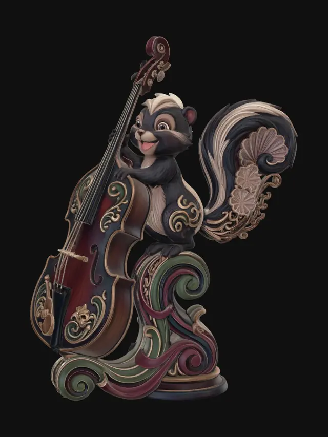 3D model for Hyper-realistic wooden carved Rococo–Art Nouveau caricatural chibi skunk musician statue joyfully embracing a giant upright bass while dancing theatrically. The massive instrument curves dissolve into monumental S-waved Rococo scrollwork and flowing Art Nouveau musical ribbons forming an integrated console-pillar. Musical notes, violin scrolls, skeletal flourishes and theatrical emblems abstract into elaborate decorative cartouches and curling volutes throughout the sculpture. The bushy tail expands dramatically into layered rocaille ornament and ornamental filigree architecture.Material:hardwood.Polychrome: deep rich muted coulourful tones