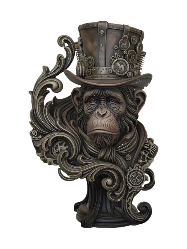 Hyper-realistic wooden carved Rococo–Art Nouveau caricatural chibi bust-statue… - Chimpanzee 3D model, vytvořený pomocí AI