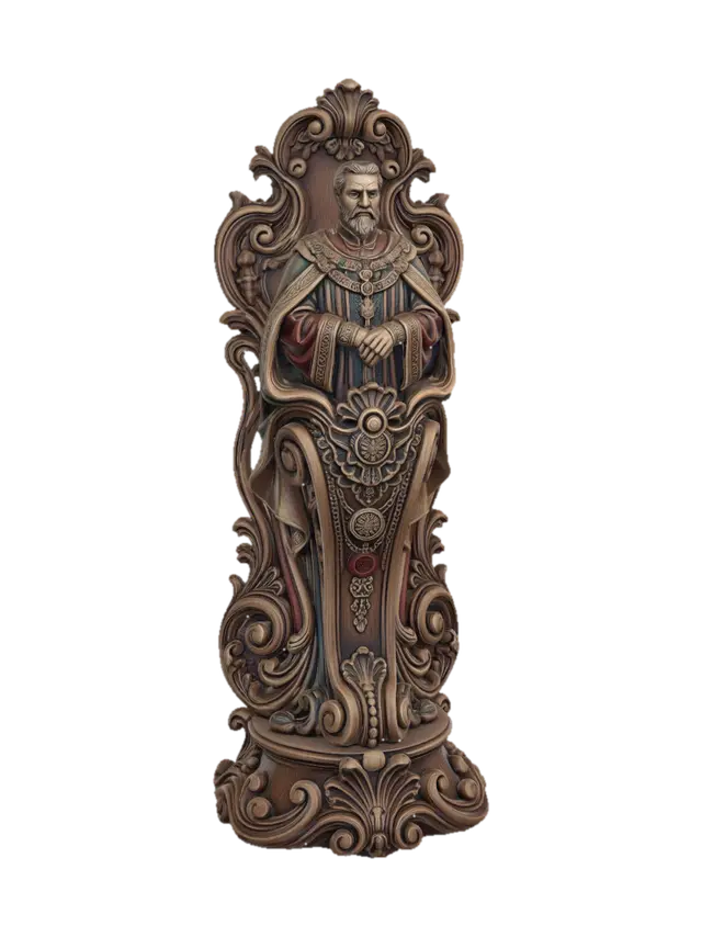 Hyper-realistic wooden carved Rococo–Art Nouveau statue of a dignified royal… - Softeroom 3D model, vytvořený pomocí AI