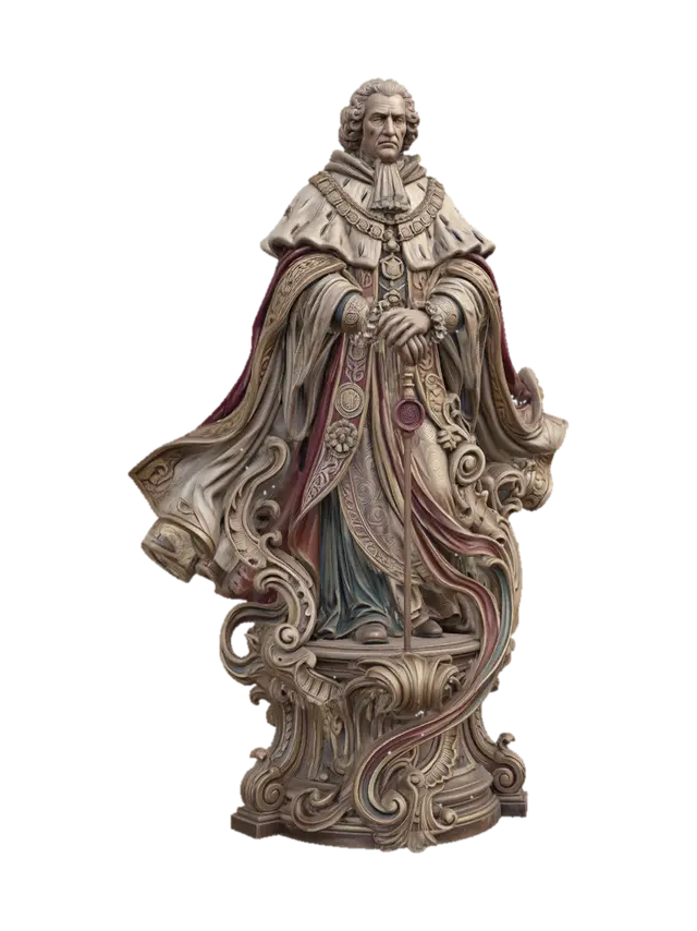 Hyper-realistic wooden carved Rococo–Art Nouveau statue of a dignified royal… - Softeroom 3D model, vytvořený pomocí AI