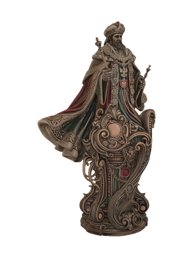 Hyper-realistic wooden carved Rococo–Art Nouveau statue of a dignified royal… - Softeroom 3D model, vytvořený pomocí AI