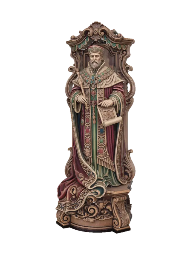 Hyper-realistic wooden carved Rococo–Art Nouveau statue of a dignified royal… - Softeroom 3D model, vytvořený pomocí AI