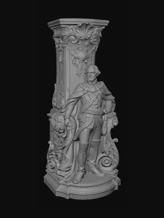 3D model for Hyper-realistic wooden carved Rococo–Art Nouveau statue of a grand royal field marshal posed regally beside a monumental ornamental support, dressed in elaborate aristocratic military attire.
The heavy ceremonial cloak and embroidered garments transform into monumental S-waved Rococo scrollwork and flowing Art Nouveau structural ribbons forming an integrated console-pillar.
Military insignias, decorative tassels, heraldic eagles and floral medallions abstract into ornate cartouches and shell-like rocaille volutes surrounding the figure.
The fabrics and sculptural anatomy dissolve organically into towering ornamental architecture with deep undercuts and dramatic flowing movement.Material: hardwood.Polychrome:deep rich warm coulouful tones