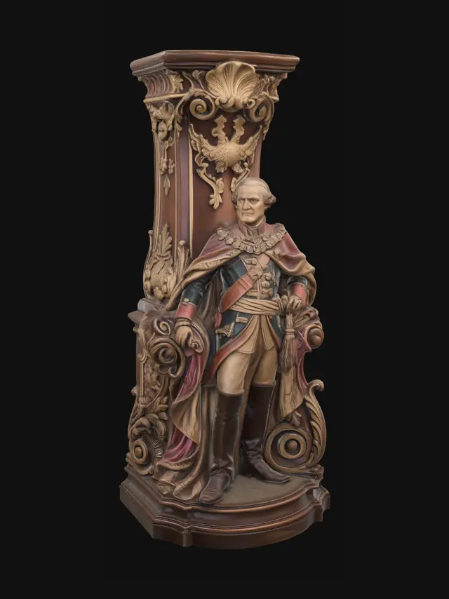 3D model for Hyper-realistic wooden carved Rococo–Art Nouveau statue of a grand royal field marshal posed regally beside a monumental ornamental support, dressed in elaborate aristocratic military attire.
The heavy ceremonial cloak and embroidered garments transform into monumental S-waved Rococo scrollwork and flowing Art Nouveau structural ribbons forming an integrated console-pillar.
Military insignias, decorative tassels, heraldic eagles and floral medallions abstract into ornate cartouches and shell-like rocaille volutes surrounding the figure.
The fabrics and sculptural anatomy dissolve organically into towering ornamental architecture with deep undercuts and dramatic flowing movement.Material: hardwood.Polychrome:deep rich warm coulouful tones