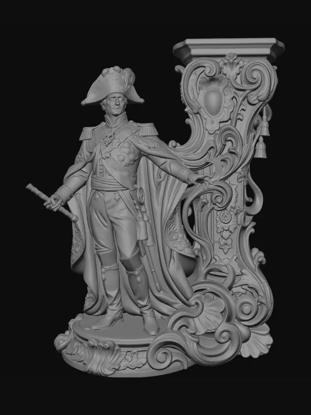 3D model for Hyper-realistic wooden carved Rococo–Art Nouveau statue of a grand royal field marshal posed regally beside a monumental ornamental support, dressed in elaborate aristocratic military attire.
The heavy ceremonial cloak and embroidered garments transform into monumental S-waved Rococo scrollwork and flowing Art Nouveau structural ribbons forming an integrated console-pillar.
Military insignias, decorative tassels, heraldic eagles and floral medallions abstract into ornate cartouches and shell-like rocaille volutes surrounding the figure.
The fabrics and sculptural anatomy dissolve organically into towering ornamental architecture with deep undercuts and dramatic flowing movement.Material: hardwood.Polychrome:deep rich warm coulouful tones