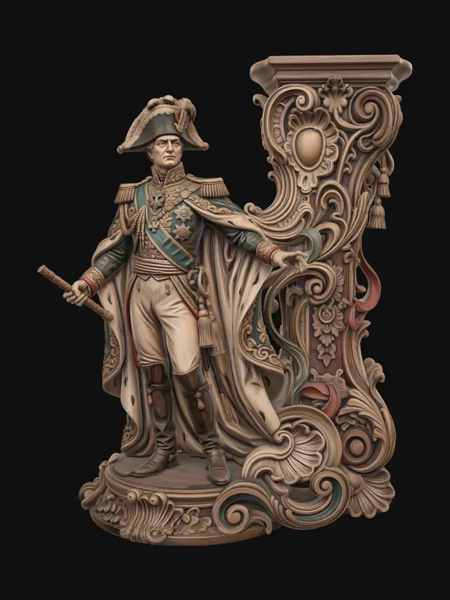 3D model for Hyper-realistic wooden carved Rococo–Art Nouveau statue of a grand royal field marshal posed regally beside a monumental ornamental support, dressed in elaborate aristocratic military attire.
The heavy ceremonial cloak and embroidered garments transform into monumental S-waved Rococo scrollwork and flowing Art Nouveau structural ribbons forming an integrated console-pillar.
Military insignias, decorative tassels, heraldic eagles and floral medallions abstract into ornate cartouches and shell-like rocaille volutes surrounding the figure.
The fabrics and sculptural anatomy dissolve organically into towering ornamental architecture with deep undercuts and dramatic flowing movement.Material: hardwood.Polychrome:deep rich warm coulouful tones