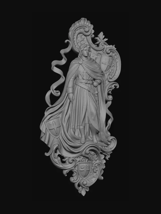 3D model for Hyper-realistic wooden carved Rococo–Art Nouveau statue of an aristocratic crusader knight standing with calm authority beneath a long flowing cloak and layered medieval garments. The dramatic drapery cascades outward into monumental S-curved Rococo wave-scrolls and elongated Art Nouveau ornamental ribbons integrated into a sculptural console-pillar. Cross motifs, heraldic shields, gothic floral ornaments and ceremonial sword emblems dissolve into elaborate decorative cartouches and curling rocaille volutes throughout the sculpture. The elongated silhouette and flowing fabrics merge seamlessly into dynamic ornamental architecture with theatrical asymmetrical movement and layered carved filigree.Material: hardwood.Polychrome:deep rich warm coulouful tones