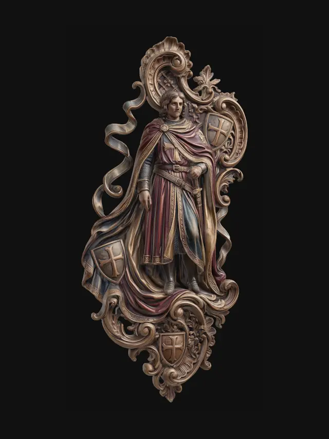 3D model for Hyper-realistic wooden carved Rococo–Art Nouveau statue of an aristocratic crusader knight standing with calm authority beneath a long flowing cloak and layered medieval garments. The dramatic drapery cascades outward into monumental S-curved Rococo wave-scrolls and elongated Art Nouveau ornamental ribbons integrated into a sculptural console-pillar. Cross motifs, heraldic shields, gothic floral ornaments and ceremonial sword emblems dissolve into elaborate decorative cartouches and curling rocaille volutes throughout the sculpture. The elongated silhouette and flowing fabrics merge seamlessly into dynamic ornamental architecture with theatrical asymmetrical movement and layered carved filigree.Material: hardwood.Polychrome:deep rich warm coulouful tones