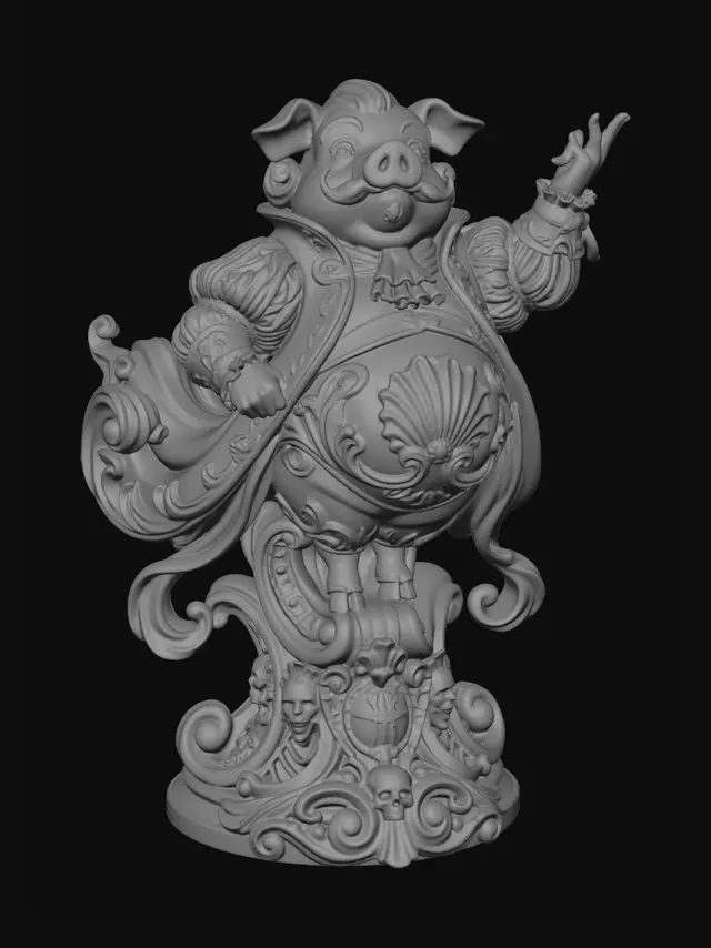 3D model for Hyper-realistic wooden carved Rococo–Art Nouveau caricatural chibi pig aristocrat statue posed theatrically with raised gloved hand and flamboyant noble garments. The puffed sleeves and oversized coat tails dissolve into monumental S-curved Rococo scrollwork and elegant Art Nouveau drapery ribbons forming a towering console-pillar. Court emblems, masks, curling moustache motifs and skeletal decorative fragments abstract into ornate cartouches and rocaille volutes integrated throughout the sculpture. Rounded belly anatomy transforms into shell-like ornamental structures and flowing carved filigree.Material:hardwood.Polychrome: deep rich muted coulourful tones