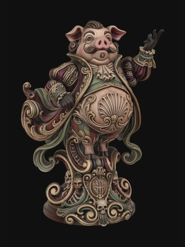 3D model for Hyper-realistic wooden carved Rococo–Art Nouveau caricatural chibi pig aristocrat statue posed theatrically with raised gloved hand and flamboyant noble garments. The puffed sleeves and oversized coat tails dissolve into monumental S-curved Rococo scrollwork and elegant Art Nouveau drapery ribbons forming a towering console-pillar. Court emblems, masks, curling moustache motifs and skeletal decorative fragments abstract into ornate cartouches and rocaille volutes integrated throughout the sculpture. Rounded belly anatomy transforms into shell-like ornamental structures and flowing carved filigree.Material:hardwood.Polychrome: deep rich muted coulourful tones