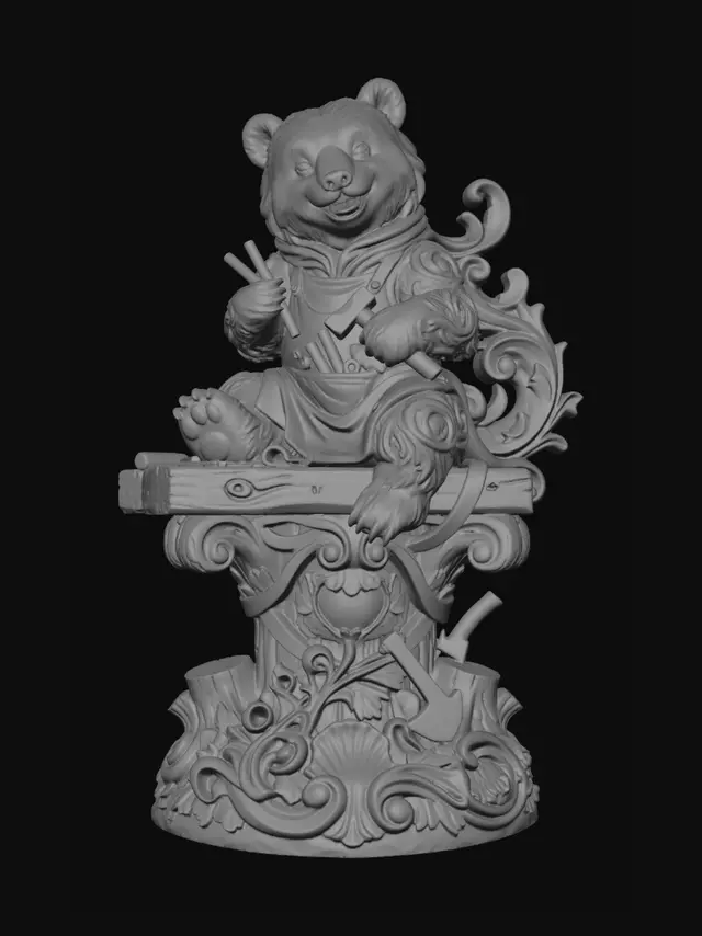 3D model for Hyper-realistic wooden carved Rococo–Art Nouveau caricatural chibi woodland bear statue seated on carved timber while holding tiny woodworking tools with mischievous grin. The apron and scarf dissolve into sweeping S-waved Rococo scrollwork and flowing Art Nouveau woodland ribbons forming an integrated console-pillar. Tree stumps, axes, carved wood curls and skeletal woodland motifs abstract into decorative cartouches and curling volutes throughout the structure. Fur textures blend seamlessly into carved bark-like filigree and shell-like rocaille ornament.Material:hardwood.Polychrome: deep rich muted coulourful tones