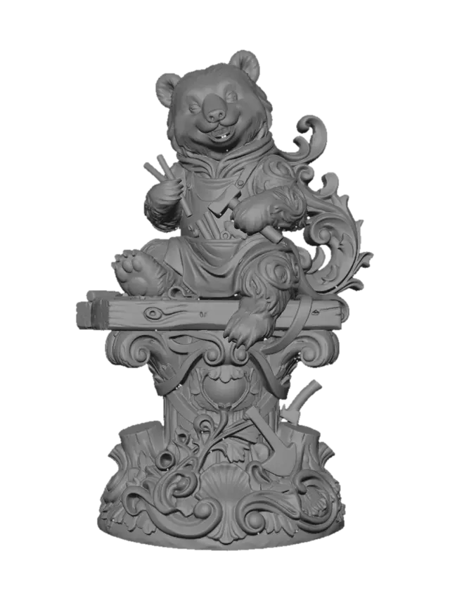 3D model for Hyper-realistic wooden carved Rococo–Art Nouveau caricatural chibi woodland bear statue seated on carved timber while holding tiny woodworking tools with mischievous grin. The apron and scarf dissolve into sweeping S-waved Rococo scrollwork and flowing Art Nouveau woodland ribbons forming an integrated console-pillar. Tree stumps, axes, carved wood curls and skeletal woodland motifs abstract into decorative cartouches and curling volutes throughout the structure. Fur textures blend seamlessly into carved bark-like filigree and shell-like rocaille ornament.Material:hardwood.Polychrome: deep rich muted coulourful tones