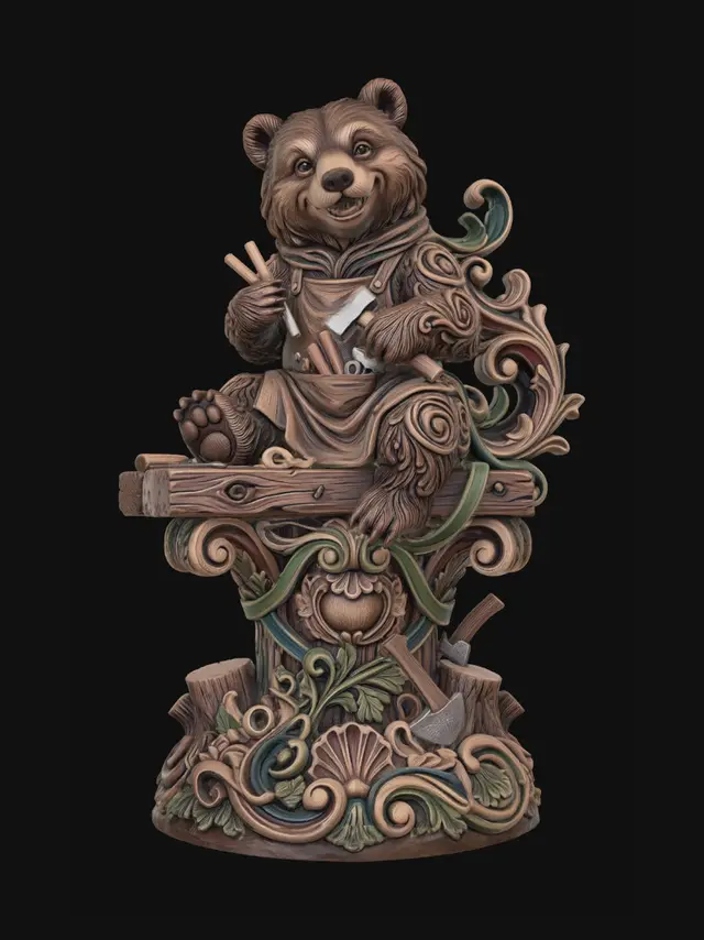 3D model for Hyper-realistic wooden carved Rococo–Art Nouveau caricatural chibi woodland bear statue seated on carved timber while holding tiny woodworking tools with mischievous grin. The apron and scarf dissolve into sweeping S-waved Rococo scrollwork and flowing Art Nouveau woodland ribbons forming an integrated console-pillar. Tree stumps, axes, carved wood curls and skeletal woodland motifs abstract into decorative cartouches and curling volutes throughout the structure. Fur textures blend seamlessly into carved bark-like filigree and shell-like rocaille ornament.Material:hardwood.Polychrome: deep rich muted coulourful tones