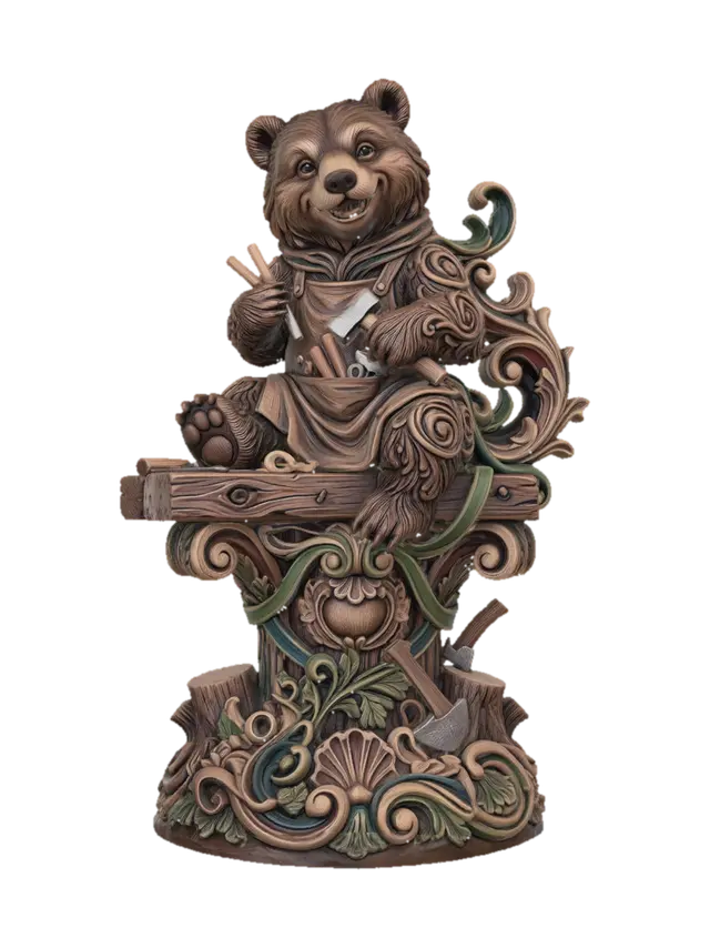 3D model for Hyper-realistic wooden carved Rococo–Art Nouveau caricatural chibi woodland bear statue seated on carved timber while holding tiny woodworking tools with mischievous grin. The apron and scarf dissolve into sweeping S-waved Rococo scrollwork and flowing Art Nouveau woodland ribbons forming an integrated console-pillar. Tree stumps, axes, carved wood curls and skeletal woodland motifs abstract into decorative cartouches and curling volutes throughout the structure. Fur textures blend seamlessly into carved bark-like filigree and shell-like rocaille ornament.Material:hardwood.Polychrome: deep rich muted coulourful tones