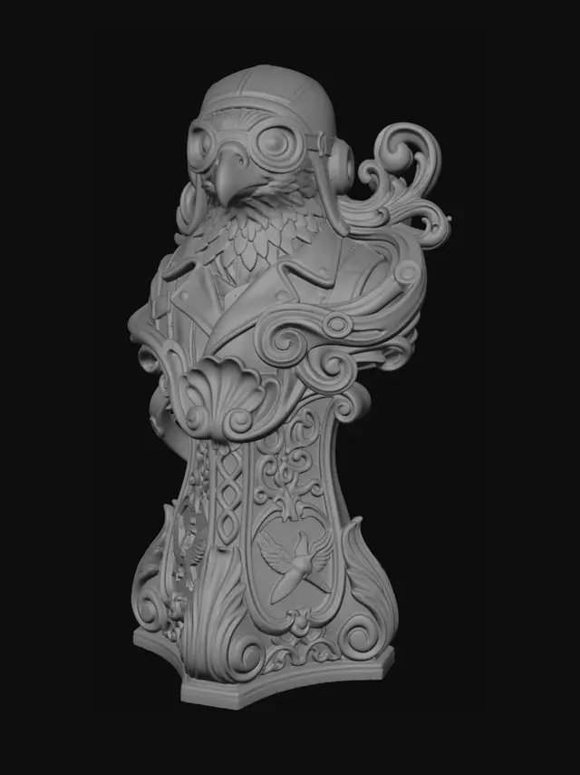 3D model for Hyper-realistic wooden carved Rococo–Art Nouveau caricatural chibi bust-statue of a stern eagle aviator wearing oversized flight goggles and layered vintage flight garments.
The goggles and feathered collar transform into monumental S-curved Rococo scrollwork and flowing Art Nouveau mechanical ribbons forming a grand console-pillar.
Feathers dissolve into layered shell volutes, botanical filigree and decorative cartouches filled with skeletal bird motifs and aviation emblems.
The elongated beak and noble expression create elegant aerodynamic curves with dramatic ornamental balance.
Material: hardwood.Polychrome: deep rich coulourful tones, weary olive greens, faded leather browns, muted brass metallic illusion pigments and pale ivory feather tones.