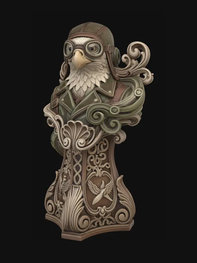 3D model for Hyper-realistic wooden carved Rococo–Art Nouveau caricatural chibi bust-statue of a stern eagle aviator wearing oversized flight goggles and layered vintage flight garments.
The goggles and feathered collar transform into monumental S-curved Rococo scrollwork and flowing Art Nouveau mechanical ribbons forming a grand console-pillar.
Feathers dissolve into layered shell volutes, botanical filigree and decorative cartouches filled with skeletal bird motifs and aviation emblems.
The elongated beak and noble expression create elegant aerodynamic curves with dramatic ornamental balance.
Material: hardwood.Polychrome: deep rich coulourful tones, weary olive greens, faded leather browns, muted brass metallic illusion pigments and pale ivory feather tones.