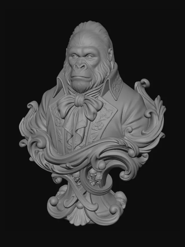 3D model for Hyper-realistic wooden carved Rococo–Art Nouveau caricatural chibi bust-statue of a majestic silverback ape noble dressed in lavish aristocratic court garments with embroidered floral lapels and enormous silk cravat. The layered cravat and sweeping coat folds dissolve into monumental S-waved Rococo scrollwork and flowing Art Nouveau ornamental ribbons forming an integrated console-pillar. Botanical embroidery transforms into shell-like rocaille filigree, curling acanthus leaves and decorative cartouches embedded with subtle skeletal primate motifs. The thick fur merges seamlessly into carved flowing wood-grain textures with dramatic asymmetrical ornamental movement.Polychrome: deep rich coulourful tones, weary teal greens, faded gold embroidery, muted ivory fur tones and rich antique amber